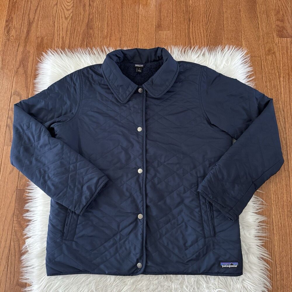 Patagonia Jacket Womens Small Quilted Blue Sherpa Lined Fleece Outdoor Logo READ